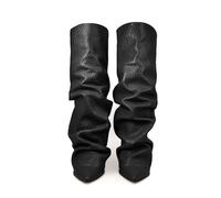 PAIDAXING Bottes montantes pour femme - Souples et empilées - Bout pointu - Talon bloc - Automne et hiver - Tendance - Décontractée et confortable - Mi-mollet, 5 Noir, 38 EU