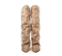 PAIDAXING Bottes montantes pour femme - Souples et empilées - Bout pointu - Talon bloc - Automne et hiver - Tendance - Décontractée et confortable - Mi-mollet, Beige (6), 42 EU