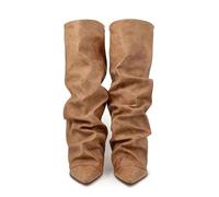 PAIDAXING Bottes montantes pour femme - Souples et empilées - Bout pointu - Talon bloc - Automne et hiver - Tendance - Décontractée et confortable - Mi-mollet, 2 Marron, 38.5 EU