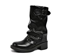 PAIDAXING Bottes pour femme - Bottes de cowboy occidentales pliantes - Style décontracté - Bout rond - Talon épais - Avec boucle - Pour l'automne et l'hiver, Noir , 37 EU