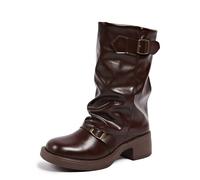 PAIDAXING Bottes pour femme - Bottes de cowboy occidentales pliantes - Style décontracté - Bout rond - Talon épais - Avec boucle - Pour l'automne et l'hiver, marron, 37.5 EU