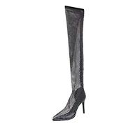 PAIDAXING Bottes transparentes en maille pour femme - Bout pointu - Talon haut - Sexy - Strass - Longueur cuisse - Pour soirée - Taille 37-40, Noir , 39 EU