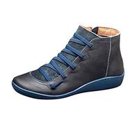 PAIDAXING Bottes vintage à lacets en cuir à bout rond avec fermeture éclair latérale décontractées à talons bas chaussures plates confortables semelle souple pour la marche et le travail, A 2 Bleu, 39