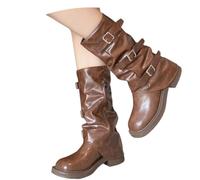 PAIDAXING Bottes western mi-mollet pour femme avec boucle de ceinture, semelle épaisse, talon bloc bas et bout rond, bottes en similicuir décontractées pour femme, tendance, automne, hiver, fermeture