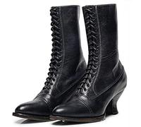 PAIDAXING Bottines à lacets pour femme - Longueur mollet - Style victorien - Cuir - Talon Louis - Vintage - Steampunk gothique, Noir , 39 EU