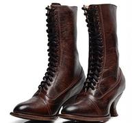 PAIDAXING Bottines à lacets pour femme - Longueur mollet - Style victorien - Cuir - Talon Louis - Vintage - Steampunk gothique, marron, 39.5 EU