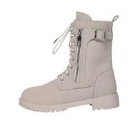 PAIDAXING Bottines antidérapantes à lacets en similicuir avec boucle, fermeture éclair latérale, talon bloc bas, bout rond, chaussures d'extérieur décontractées pour femme, bottes de combat pour