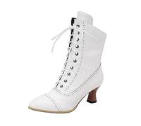PAIDAXING Bottines de style victorien pour femme - Talon Louis - Lacets croisés - Avec fermeture éclair latérale - Bout pointu - Bottines en cuir rétro pour femme - Élégantes - Automne et hiver, blanc