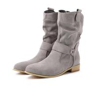 PAIDAXING Bottines en daim pour femme avec boucle - Bout pointu - Talon bloc - Fermeture éclair latérale - Élégantes - Rétro - Décontracté - Grande taille - Coupe large - Chaussures d'extérieur pour