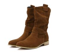 PAIDAXING Bottines en daim pour femme avec boucle - Bout pointu - Talon bloc - Fermeture éclair latérale - Élégantes - Rétro - Décontracté - Grande taille - Coupe large - Chaussures d'extérieur pour