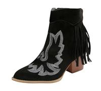 PAIDAXING Bottines en daim pour femme - Broderie rétro - Bout carré - Talon épais avec fermeture éclair - Semelle antidérapante - Confortables - Style décontracté - Pour l'automne et l'hiver, 2 Noir