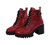 PAIDAXING Bottines mi-mollet à talon épais pour femme avec sangle à boucle et semelle plateforme en cuir synthétique style rétro vintage pour femme, chaussures décontractées pour l'automne et l'hiver