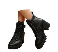 PAIDAXING Bottines mi-mollet à talon épais pour femme avec sangle à boucle et semelle plateforme en cuir synthétique style rétro vintage pour femme, chaussures décontractées pour l'automne et l'hiver
