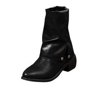 PAIDAXING Bottines mi-mollet à tige large pour femme - Tendance - Talon épais - Antidérapantes - Pour l'automne et l'hiver - Chaussures confortables, Noir , 39.5 EU