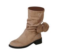 PAIDAXING Bottines mi-mollet empilables et pliables en daim avec pompons et talon bloc - Confortables - Couleur unie - Pour femme - Automne et hiver - À porter au quotidien, kaki, 38 EU