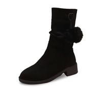 PAIDAXING Bottines mi-mollet empilables et pliables en daim avec pompons et talon bloc - Confortables - Couleur unie - Pour femme - Automne et hiver - À porter au quotidien, Noir , 39.5 EU