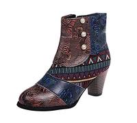 PAIDAXING Bottines vintage pour femme avec talon carré en PU synthétique brodé - Bottines d'hiver à mollet large - Motif floral - Taille 37-40, marron, 37.5 EU