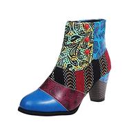 PAIDAXING Bottines vintage pour femme avec talon carré en PU synthétique brodé - Bottines d'hiver à mollet large - Motif floral - Taille 37-40, bleu, 39 EU
