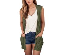 PAIDAXING Cardigan sans manches ouvert sur le devant pour femme - Élégant - Ourlet drapé - Léger - Avec poches - Couleur unie - Long gilet - Blazer, #A1-Vert kaki, XXL
