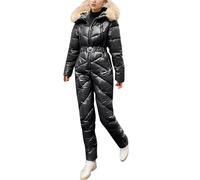 PAIDAXING Combinaison de ski une pièce imperméable et coupe-vent pour femme - Combinaison de ski chaude tout-en-un - Col en fausse fourrure - Combinaison de snowboard à capuche pour sports de plein