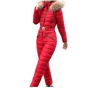 PAIDAXING Combinaison de ski une pièce imperméable et coupe-vent pour femme - Combinaison de ski chaude tout-en-un - Col en fausse fourrure - Combinaison de snowboard à capuche pour sports de plein