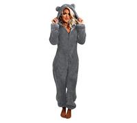 PAIDAXING Combinaison en polaire super douce pour femme - Grande taille - Vêtement de détente d'hiver chaud en peluche - Grenouillère décontractée à capuche - Couleur unie - Pyjama tout-en-un pour