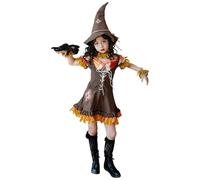 PAIDAXING Costume d'épouvantail pour fille avec robe, chapeau, cache-cou et poignets - Déguisement de ferme campagnard pour Halloween, semaine du livre, spectacle, jour sur le terrain, Orange, 4-5 ans