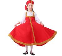 PAIDAXING Costume folk slave pour fille avec robe brodée et coiffe florale - Halloween russe ukrainien, spectacle, festival culturel pour enfants, Rouge, 8-10 ans
