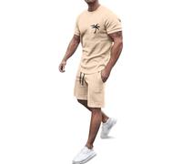 PAIDAXING Ensemble complet de survêtement pour homme en coton imprimé cocotier T-shirt et short 2 pièces d'été à manches courtes Co Ord Ensembles col rond Sport Pullover Jogging Shorts avec cordon de