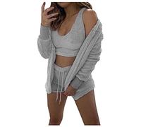PAIDAXING Ensemble de pyjama 3 pièces pour femme en flanelle polaire à capuche ouvert sur le devant, vêtement d'intérieur avec short caraco pelucheux, vêtements d'intérieur en tricot confortable,