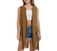 PAIDAXING Gilet à franges pour femme, costume hippie années 70, cowgirl occidentale, sans manches, veste vintage en faux daim ouvert sur le devant, cardigan long pour femme Y2K Gilets Gilets Gilets