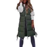 PAIDAXING Gilet long d'hiver matelassé à capuche pour femme avec fermeture éclair sans manches - Veste matelassée épaisse - Veste longue surdimensionnée pour l'extérieur, D2- Vert, L