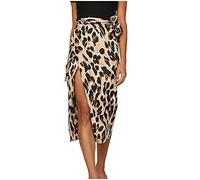 PAIDAXING Jupe en mousseline de soie pour femme Imprimé léopard Boho Longueur genou Jupe plissée Taille élastique Jupe trapèze Fente latérale Jupes décontractées, marron, 48