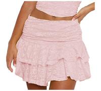 PAIDAXING Jupe Mini Plissés à Volants en Dentelle Florale Y2k pour Femme - Style Bas de Gamme Décontracté - Ourlet Irrégulier - Ligne A - Jupe Courte Sexy pour Club et Streetwear Esthétique, 16-rose