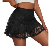PAIDAXING Jupe Mini Plissés à Volants en Dentelle Florale Y2k pour Femme - Style Bas de Gamme Décontracté - Ourlet Irrégulier - Ligne A - Jupe Courte Sexy pour Club et Streetwear Esthétique, 01 - Noir