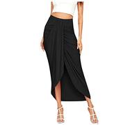PAIDAXING Jupe portefeuille décontractée fendue pour femme - Jupe asymétrique - Taille haute élastique - Jupe drapée - Style bohème - Pour l'été, la plage - Jupe midi enveloppante - Jupe d'été, Noir ,