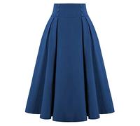 PAIDAXING Jupes vintage rétro taille haute couleur unie trapèze évasée midi jupe cercle complet des années 50 avec bouton latéral pour femme, bleu, 44