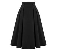 PAIDAXING Jupes vintage rétro taille haute couleur unie trapèze évasée midi jupe cercle complet des années 50 avec bouton latéral pour femme, Noir , 44