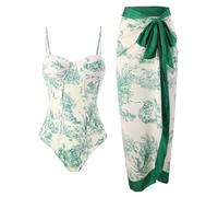 PAIDAXING Maillot de bain 2 pièces pour femme avec paréo assorti - Monokinis d'été vintage à imprimé floral - Avec jupe longue - Style bohème - Vacances - Plage, 02 - Vert, XL