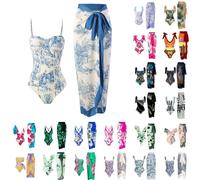 PAIDAXING Maillot de bain 2 pièces pour femme avec paréo assorti - Monokinis d'été vintage à imprimé floral - Avec jupe longue - Style bohème - Vacances - Plage, 01-bleu, XL