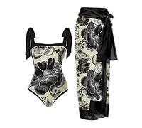 PAIDAXING Maillot de bain 2 pièces pour femme avec paréo assorti - Monokinis d'été vintage à imprimé floral - Avec jupe longue - Style bohème - Vacances - Plage, 10 - Noir, L