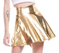 PAIDAXING Mini jupe patineuse plissée en cuir synthétique effet mouillé pour femme, Doré 01-, 36