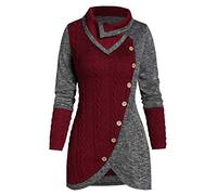 PAIDAXING Pull à col roulé vintage en tricot à manches longues pour femme - Grande taille - Pull asymétrique tendance patchwork boutonné en tricot côtelé - Vêtements d'extérieur chauds pour l'hiver,