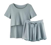 PAIDAXING Pyjama d'allaitement pour femme - T-shirt d'été à manches courtes et short taille haute avec cordon de serrage - Vêtements de nuit en tricot côtelé, Bu2., XL