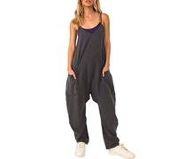 PAIDAXING Salopette pour femme en coton et lin avec bretelles - Coupe ample - Sans manches - Combinaison de travail - Pantalon d'été décontracté avec poches, 18 - Noir, M