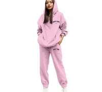 PAIDAXING Survêtement 2 pièces pour femme - Imprimé lettres - Sweat à capuche et jogging - Grande taille - Manches longues - Cordon de serrage - Pantalon de sport, 1-Rose, M