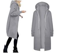 PAIDAXING Sweat à capuche long pour femme - Grande taille - Fermeture éclair intégrale - Léger - Avec poches - Coupe ample - Longueur genou - Avec poches, 07-Gris clair, 4XL
