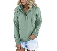 PAIDAXING Sweats à capuche pour femme - Léger - 1/3 bouton vers le bas - Cordon de serrage - Pull décontracté de couleur unie - Col en V - Manches longues avec poche kangourou, B03-vert, M