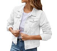 PAIDAXING Veste courte en jean pour femme, coupe ample, couleur vive, avec poche, bord brut, col montant, boutons, manches longues, veste courte en jean pour le printemps et l'automne, blanc, L