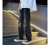 PAIHUIART Homme Jeans Jean New Men High Street Ripped Jeans Male Tide Hip-hop Hole Pantalon à Jambes Larges Mince Droite Lâche Casual Vintage L Noir